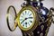 Antique Sapphire Ceramic Mantel Clock Set with Brass Elements, 1890s, Set of 3 6