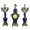 Antique Sapphire Ceramic Mantel Clock Set with Brass Elements, 1890s, Set of 3 1