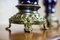 Antique Sapphire Ceramic Mantel Clock Set with Brass Elements, 1890s, Set of 3 19