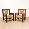 Neo-Basque Carved Armchairs in Straw and Oak, 1940s, Set of 3, Image 2