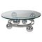 Mesa de centro Sputnik de metal cromado con esferas y superficie redonda de vidrio, Alemania, años 60, Imagen 1