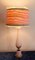 Lampada da tavolo vintage con colonna in vetro color salmone su supporto in bronzo e paralume in tessuto fatto a mano di Lamplove, anni '70, Immagine 1