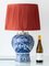 Large Blue and White Hand-Painted Table Lamp with New Terracotta Silk Lampshade from Royal Delft, 1948 2