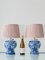 Vintage Blue and White Ceramic Table Lamps with New Pink Silk Lampshades from Royal Delft, 1980s, Set of 2 2