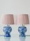 Vintage Blue and White Ceramic Table Lamps with New Pink Silk Lampshades from Royal Delft, 1980s, Set of 2 1