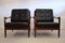 Mid-Century Scandinavian Wood & Black Leather Armchairs, Set of 2 1