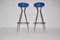Chromed Metal Barstools with Blue Skai Seat, 1950s, Set of 2, Image 2