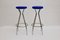 Chromed Metal Barstools with Blue Skai Seat, 1950s, Set of 2 1