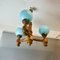 Lámpara de araña portuguesa rústica de madera de vidrio opalino azul con tres luces, años 60, Imagen 4