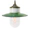 Lampada industriale vintage in ottone smaltato verde, porcellana e vetro trasparente, Immagine 1