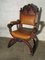 Antique Carved Wood & Leather Throne Chair 1