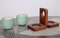 Ceramic Mugs and Oak Tray from Kéramos, France, 1950s, Set of 3 3