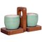 Ceramic Mugs and Oak Tray from Kéramos, France, 1950s, Set of 3 1