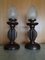 Art Nouveau Bronze Colored Wood Table Lamps with Opaline Glass Shades, Set of 2 1
