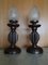 Jugendstil Bronze Tischlampen aus Holz mit Opalglas Schirmen, 2er Set 1