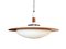 Mid-Century Round Wood, Opaline Glass, and Polished Steel Pendant Lamp, 1950s, Image 1