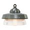 Lampe à Suspension Industrielle Vintage en Métal Gris et Verre Holophane Rayé Transparent 1