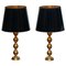 Large Swedish Brass Spherical Table Lamps with Black Shades, 1950s, Set of 2 2