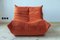 Orange Velvet Togo Corner Seat, Lounge Chair & 2-Seat Sofa Set by Michel Ducaroy for Ligne Roset, 1970s, Set of 3 3