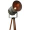 Industrielle Vintage Vintage Dreibein Scheinwerfer Stehlampe aus grauem Holz 3