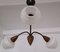 Vintage Black Lacquered Metal Frame, Teak, White Lacquered Glass Shades & Brass Finish 3-Arm Ceiling Lamp, 1970s, Image 5