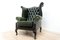 Vintage Queen Anne Style Green Leather Wingback Armchair by Chesterfield 1