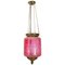 Lampada a sospensione antica in vetro opalino rosa con bordo e sospensioni in ottone, metà XIX secolo, Immagine 1