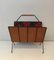 French Black Lacquered Metal, Leather & Square Fabric Magazine Rack, 1950s 3