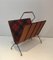 French Black Lacquered Metal, Leather & Square Fabric Magazine Rack, 1950s 1