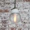 Vintage Industrial White Porcelain Ribbed Clear Glass Brass Pendant Light, Image 7