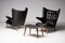 Black Leather Papa Bear Chairs with Ottoman by Hans Wegner for AP Stolen, 1950s, Set of 3 2