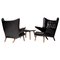 Black Leather Papa Bear Chairs with Ottoman by Hans Wegner for AP Stolen, 1950s, Set of 3 1