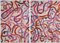 Natalia Roman, Abstraktes Diptychon aus warmrosa Bändern, Acryl auf Papier, 2021 1