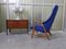 Wing Chair aus Teak und Blauem Stoff, 1960er 3
