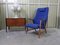 Sedia alata in teak e stoffa blu, anni '60, Immagine 2