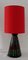 Glazed Ceramic Table Lamp with Red Fabric Shade, 1970s 1