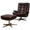 Brown Leather and Chrome Swivel Lounge Chair and Ottoman, Sweden, 1970s, Set of 2 1