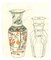 Jarrones de porcelana, tinta original y acuarela, siglo XIX, Imagen 1