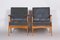 Brown and Grey Oak and Leather Armchairs, 1940s, Set of 2 3