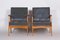 Brown and Grey Oak and Leather Armchairs, 1940s, Set of 2, Image 3