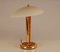 Milo Baughman Style Gilt Brass & Burl Wood Mushroom Table Lamp with Handcrafted Glass Lampshade, 1960s 7