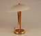 Milo Baughman Style Gilt Brass & Burl Wood Mushroom Table Lamp with Handcrafted Glass Lampshade, 1960s, Image 7