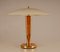 Milo Baughman Style Gilt Brass & Burl Wood Mushroom Table Lamp with Handcrafted Glass Lampshade, 1960s, Image 1