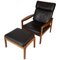 Easy Chair with Stool in Teak Upholstered with Black Leather by Arne Vodder for Komfort, Set of 2 1