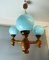 Lámpara de araña portuguesa rústica de madera de vidrio opalino azul con tres luces, años 60, Imagen 5