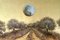 Moonlight Walking, paesaggio dorato e dipinto ad olio con alberi e luna piena, 2020, Immagine 1