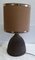 Lámpara de mesa vintage de cerámica unglazed marrón oscuro con pantalla de tela marrón y plateada, años 70, Imagen 1