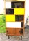 Modernist Teak Bookcase with Tricolor Glass Doors, France, 1950s 1