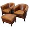 Vintage Dutch Cognac Leather Club Chairs with Footstool, Set of 3, Immagine 1