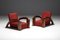 Französische Art Deco Sessel aus Rot gestreiftem Samt mit Swoosh Armlehnen, 2er Set 1